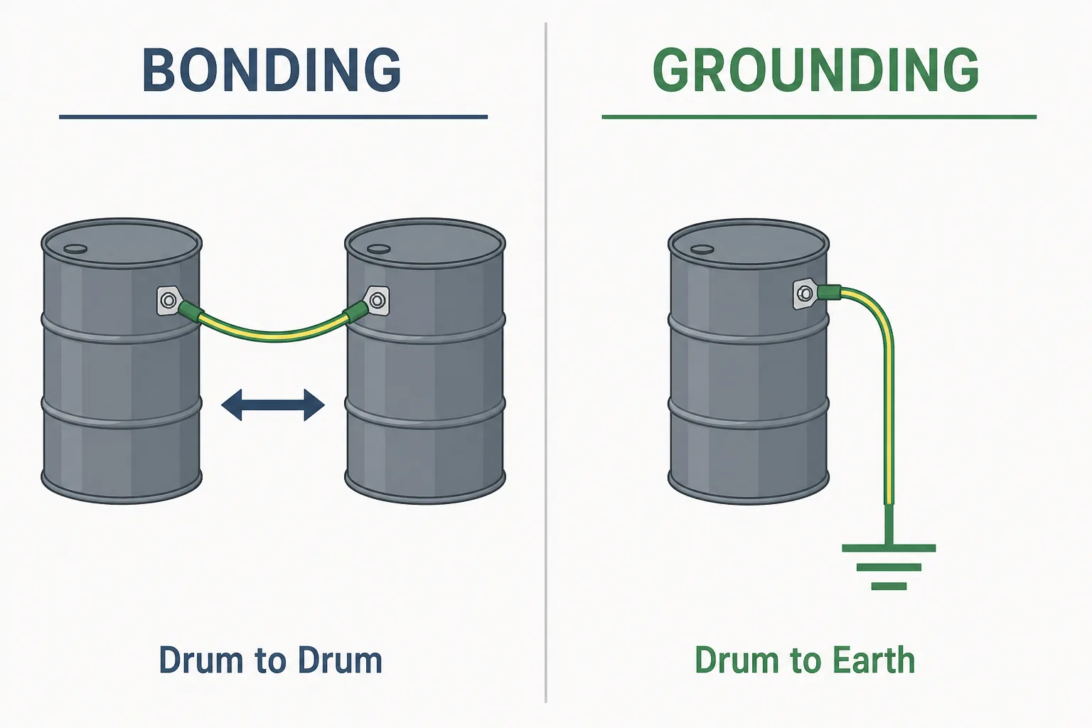 Comparison diagram showing bonding as drum-to-drum connection versus grounding as drum-to-earth connection