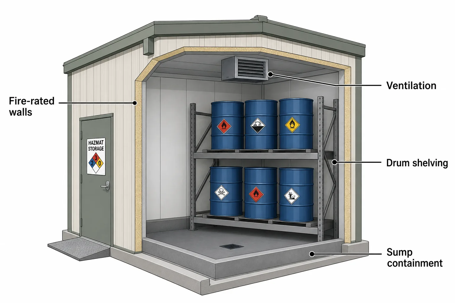 Cutaway diagram of a prefabricated hazmat storage building showing fire-rated walls, ventilation, shelving, and sump containment