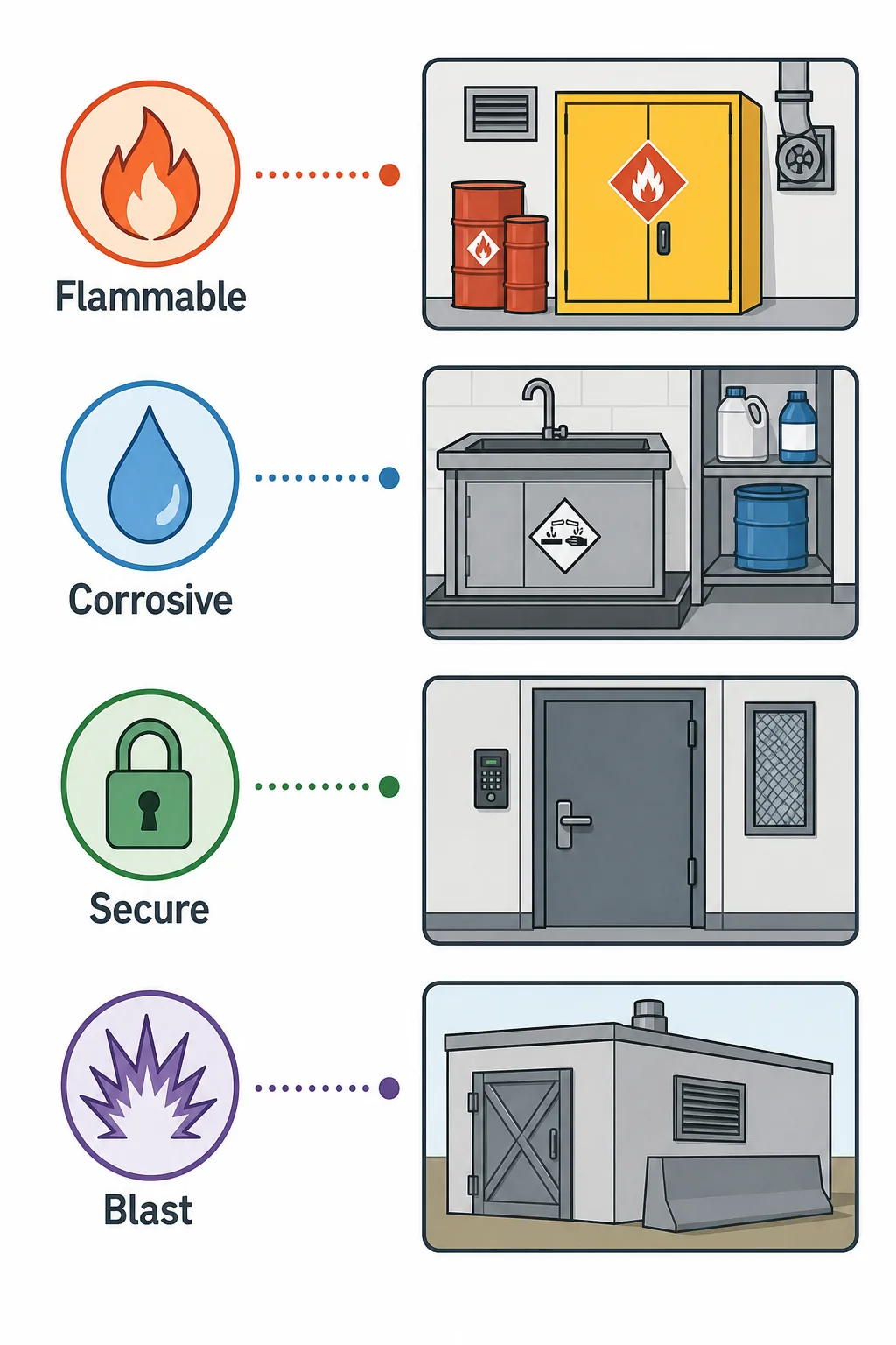 Illustration matching hazard classes such as flammable, corrosive, secure, and blast to hazmat building features
