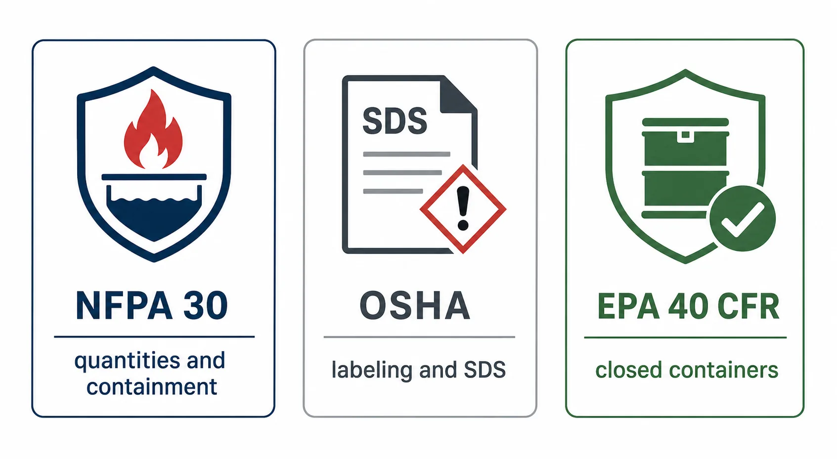 Infographic of the three compliance frameworks for hazmat storage: NFPA 30, OSHA, and EPA
