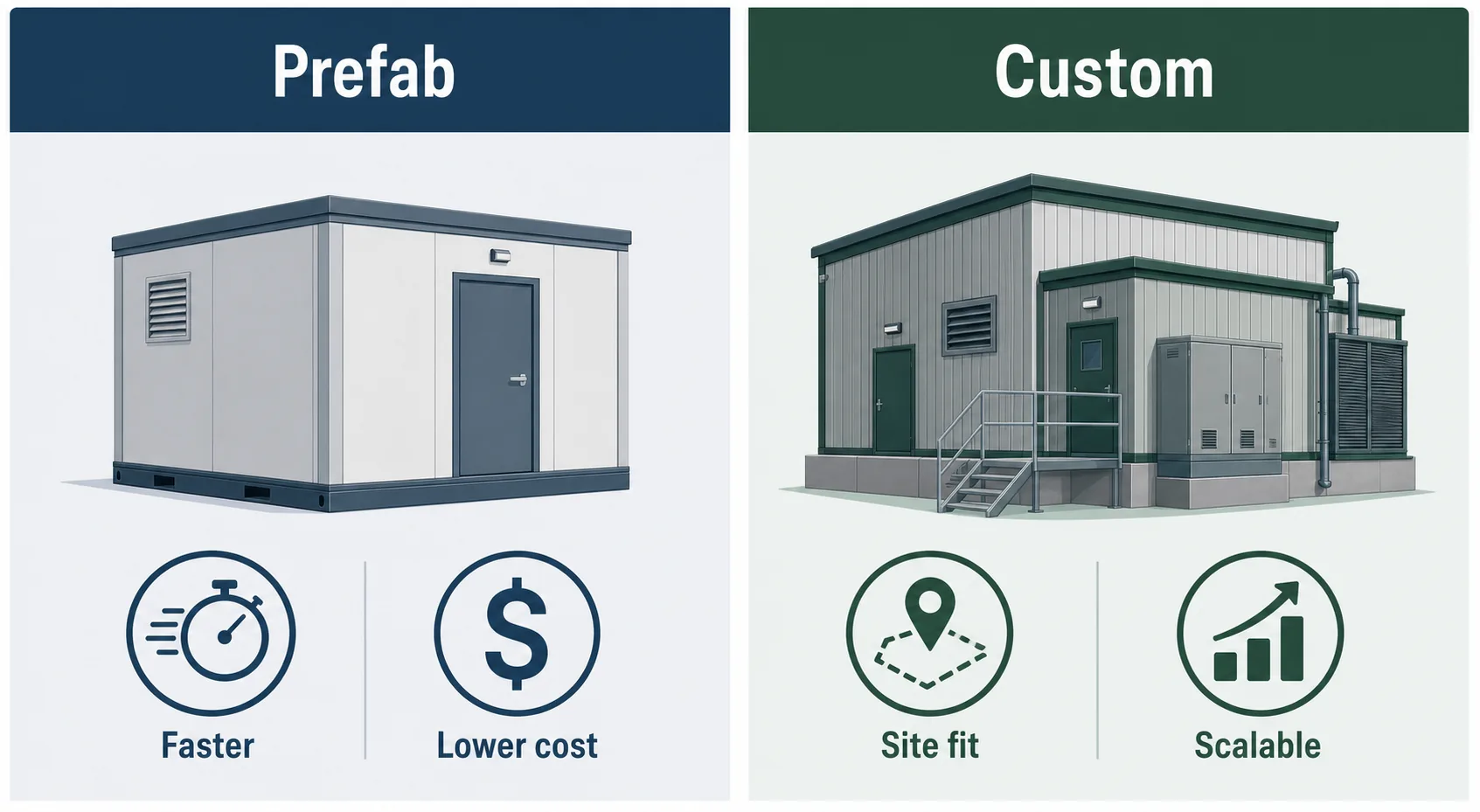 Side-by-side comparison of prefabricated versus custom hazmat storage buildings