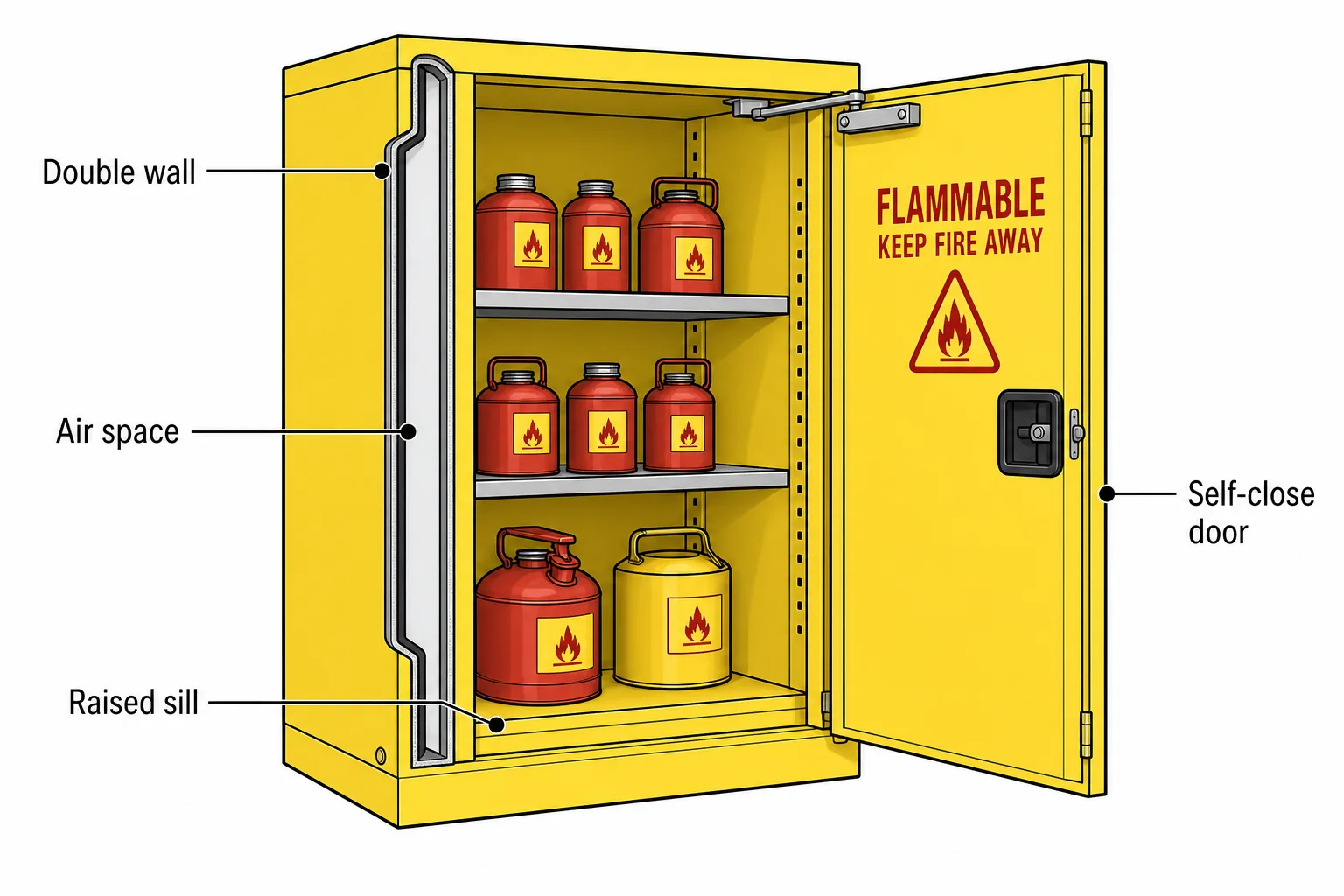 Anatomy diagram of a compliant flammable storage cabinet showing double-wall construction, air space, raised sill and self-closing door