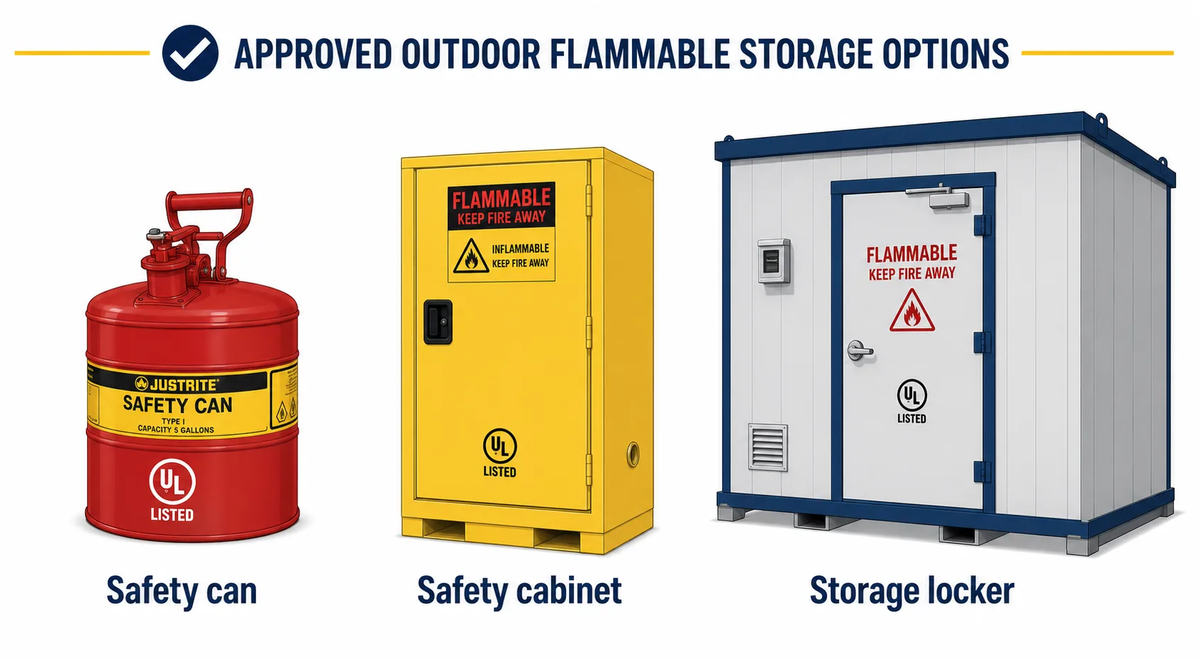 Comparison of approved outdoor storage options: safety can, safety cabinet, and storage locker
