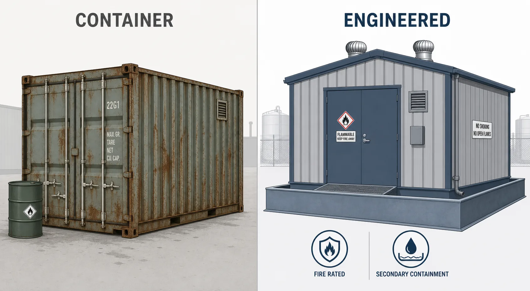 Comparison between a repurposed shipping container and a purpose-engineered chemical storage building