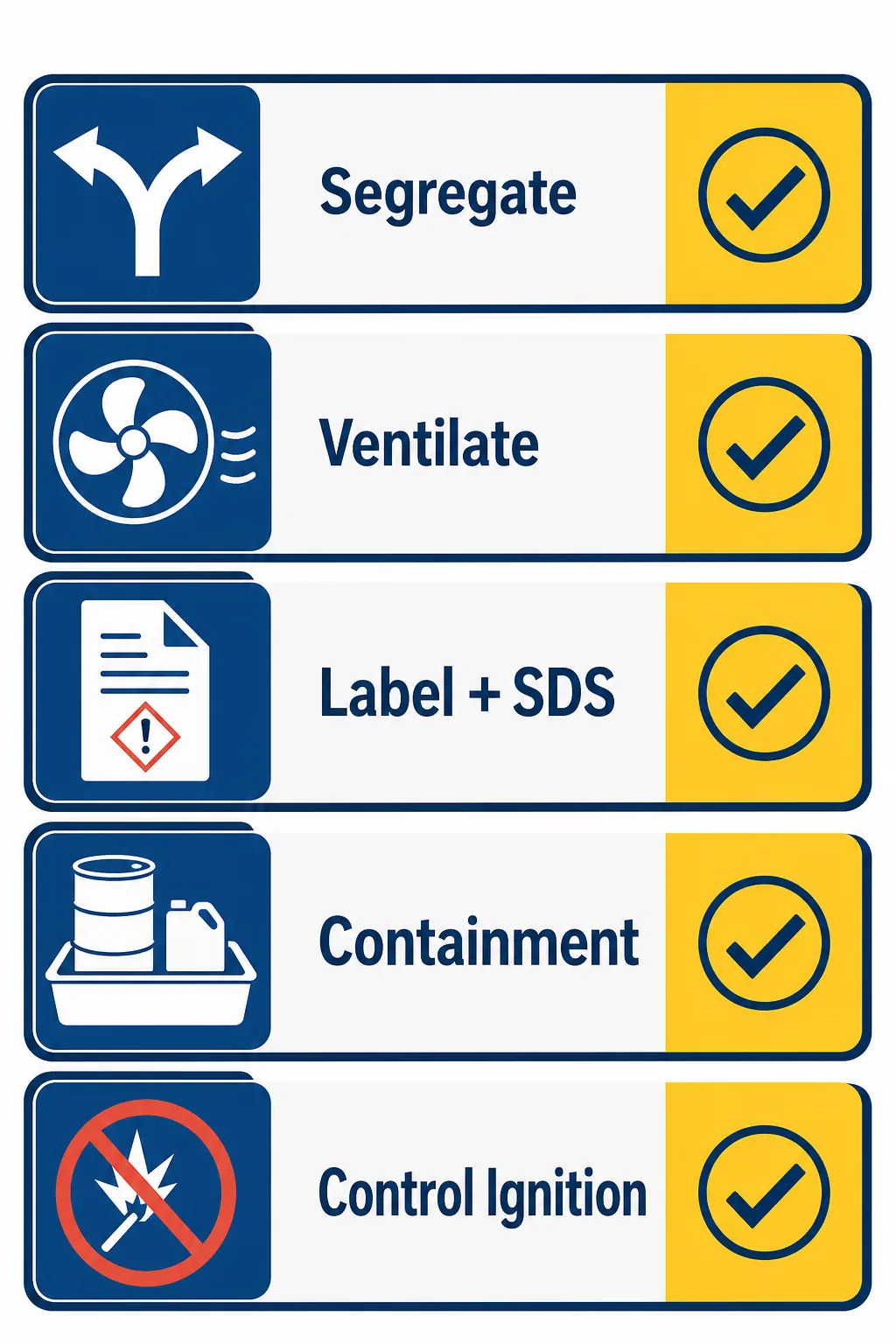 Compliance checklist infographic showing segregation, ventilation, labeling, containment, and ignition control