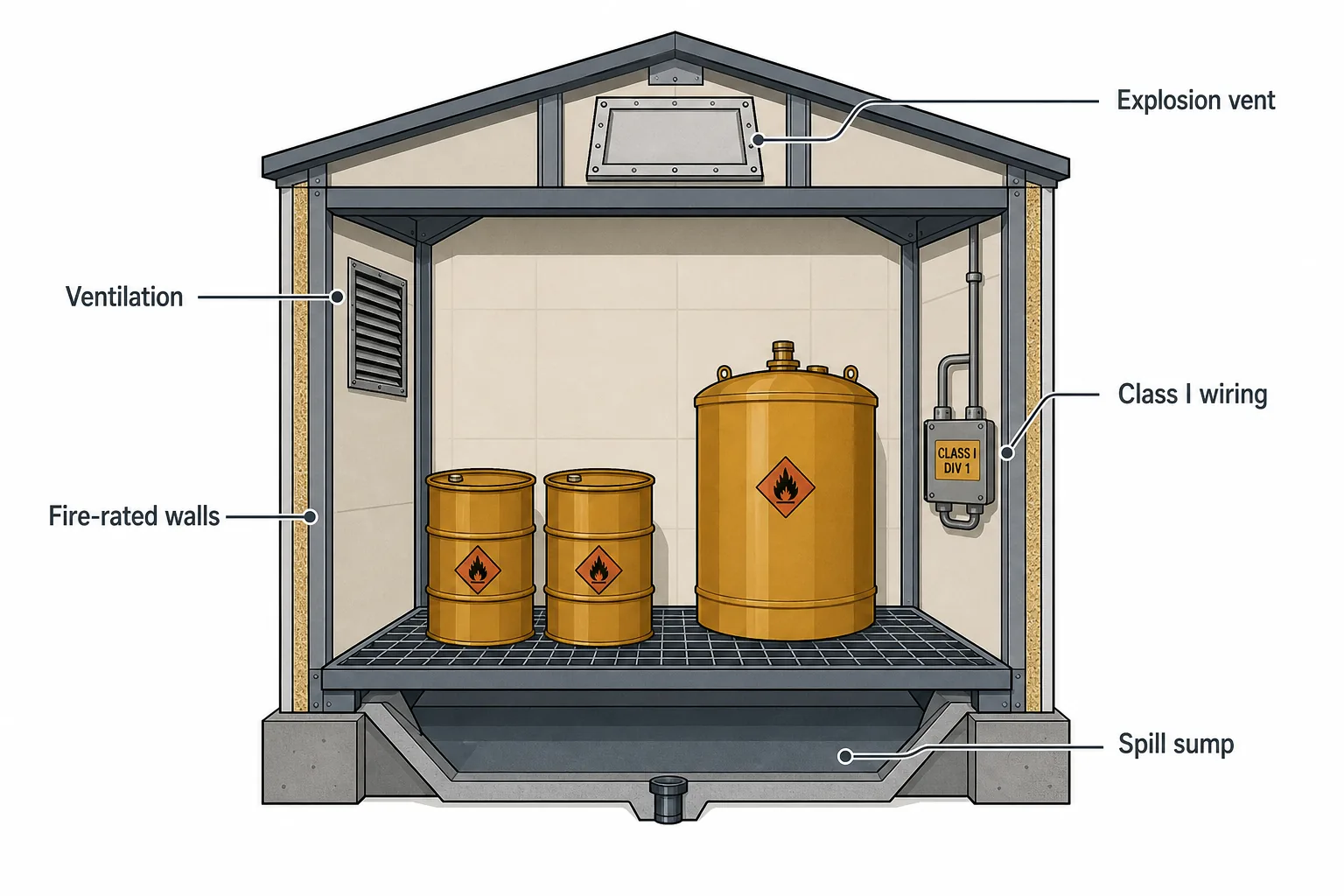 Cross-section diagram of a compliant flammable storage building highlighting fire-rated walls, ventilation, spill containment, explosion relief and electrical classification