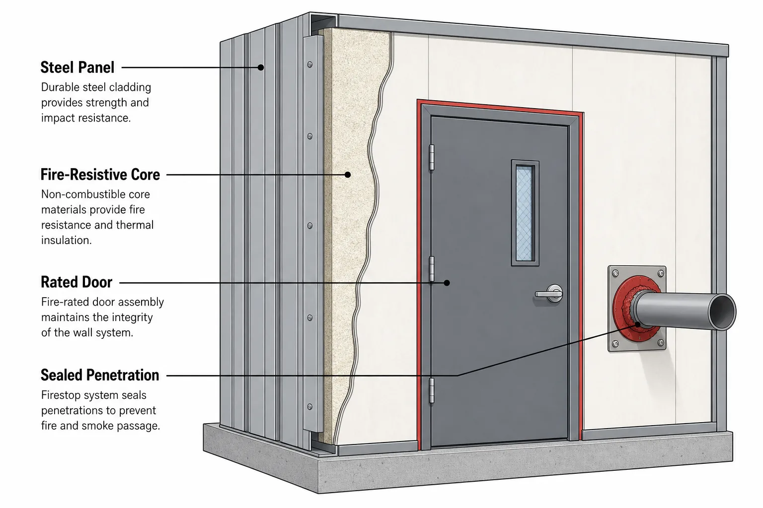 Cutaway diagram of a fire-rated storage building wall assembly with labeled layers