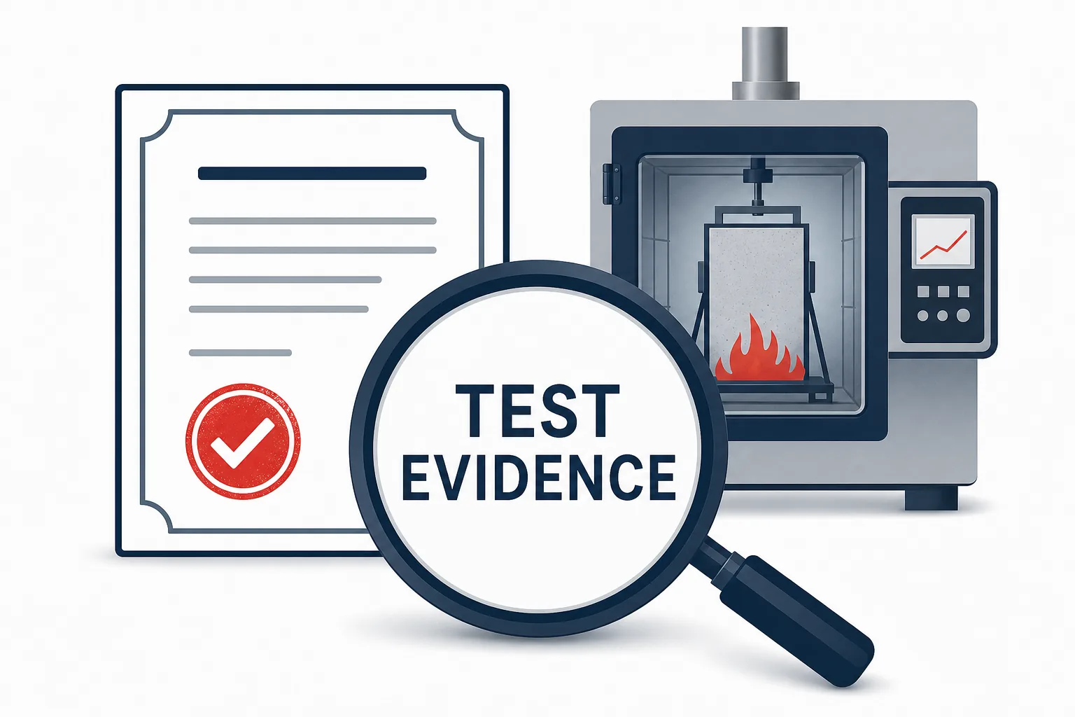 Illustration emphasizing verified fire test evidence and certification over a referenced standard