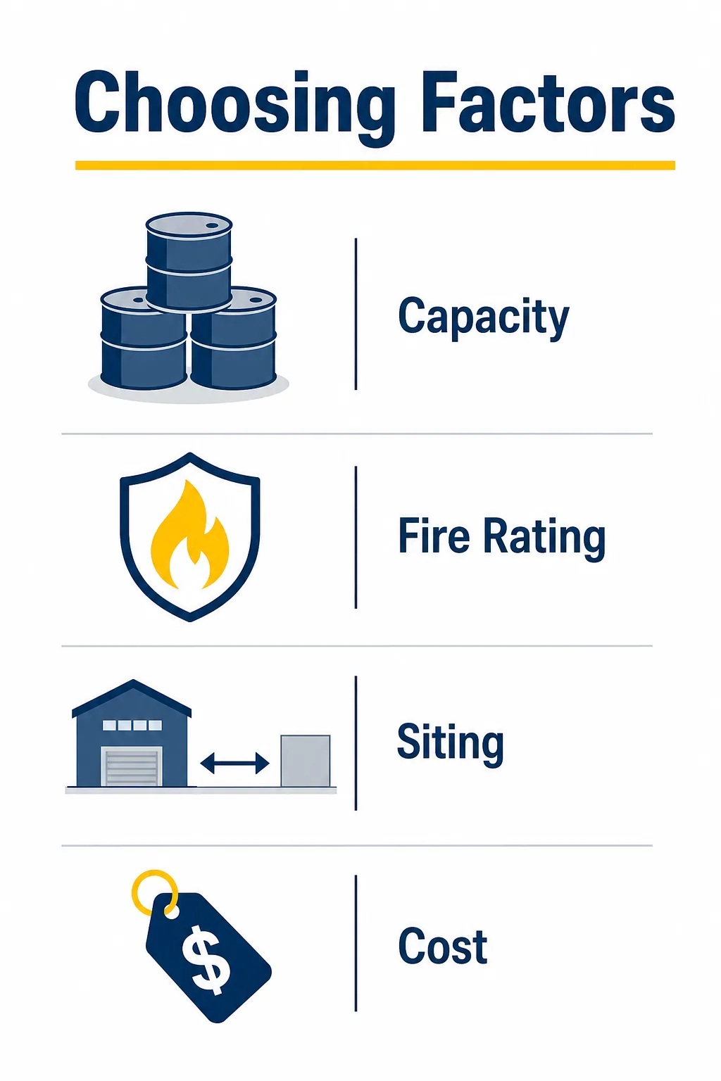 Infographic showing the four key selection factors: capacity, fire rating, siting, and cost