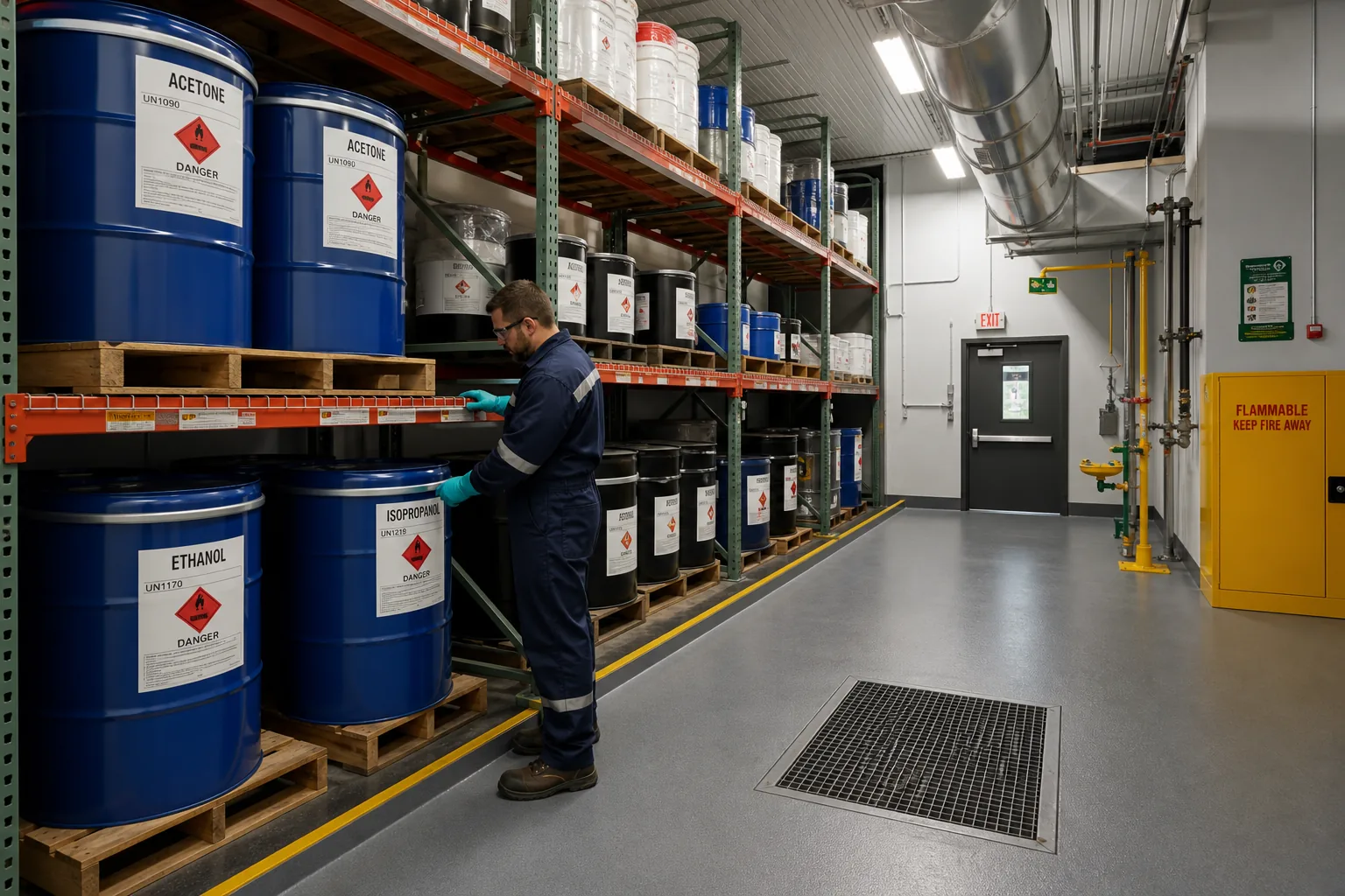 Interior of a walk-in chemical storage building with racked drums, ventilation, and a worker inspecting inventory