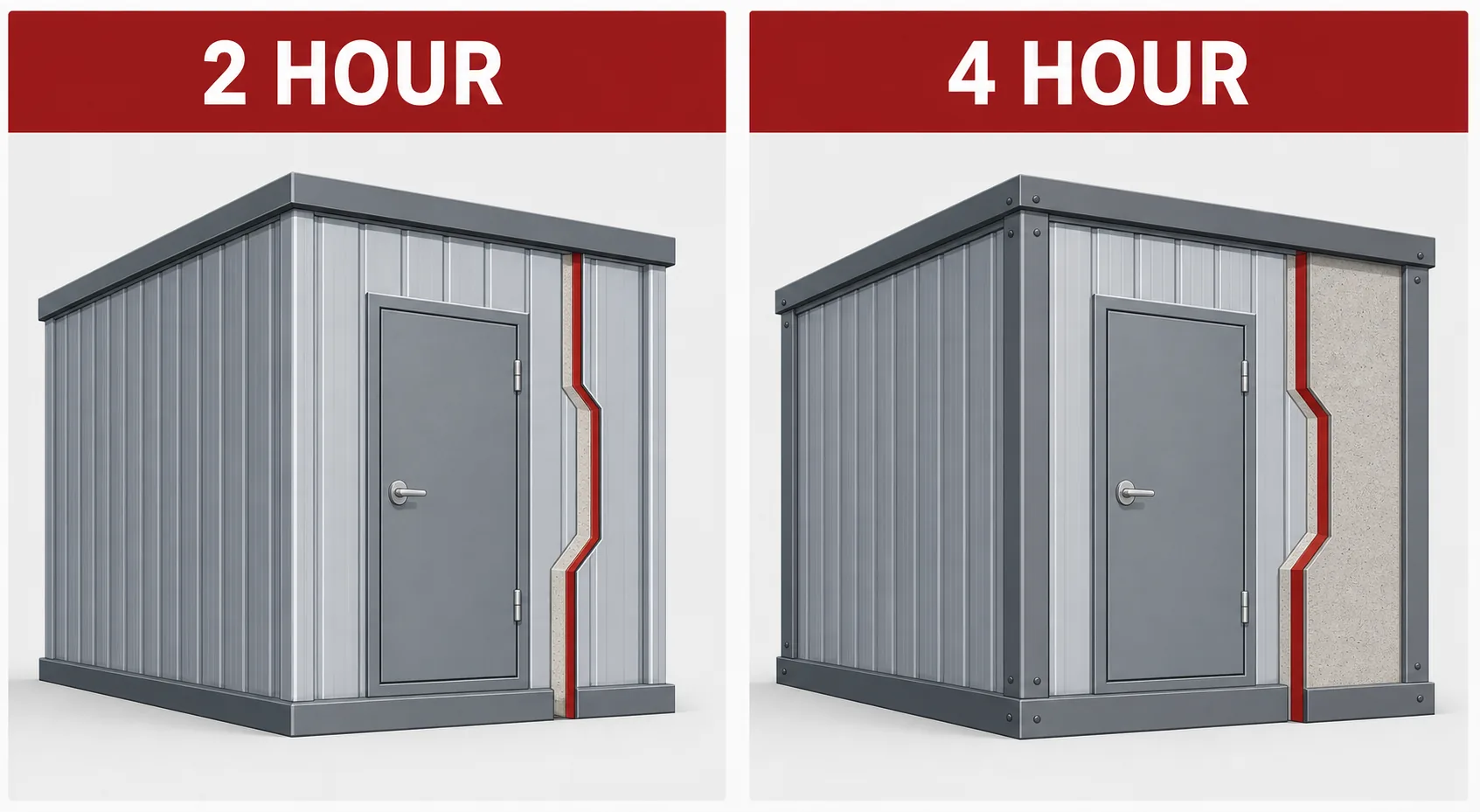 Side-by-side comparison of a 2 hour and 4 hour fire rated storage building showing wall thickness difference