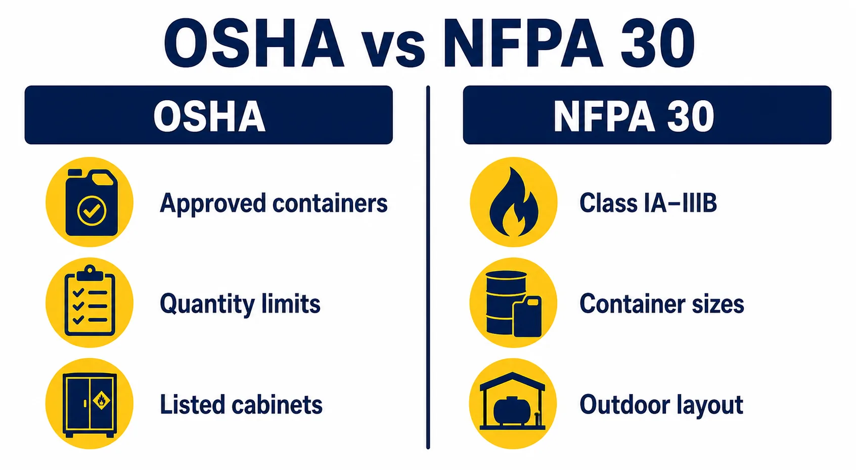 Side-by-side comparison of OSHA and NFPA 30 requirements for flammable liquid storage