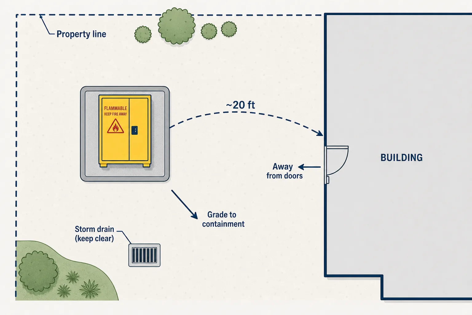 Site plan diagram showing setback distance, drainage, and siting rules for outdoor flammable liquid storage
