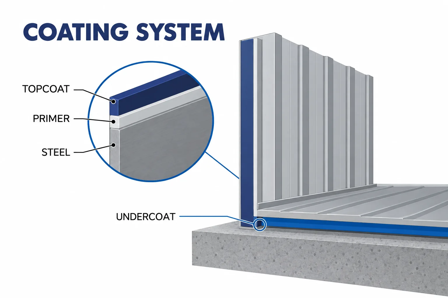 Cross-section diagram of a storage building's coating system: primer and topcoat on the steel exterior, plus a protective undercoat on the hidden floor underside where corrosion starts