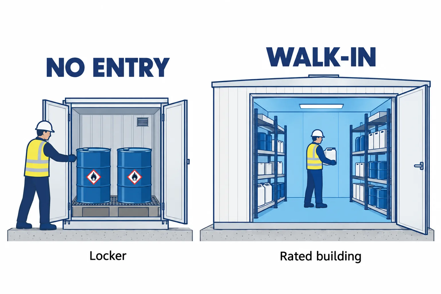 Diagram contrasting a hazmat locker accessed from outside with a walk-in fire-rated building that staff enter